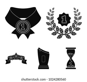 Winner for the first place in the competition, a crystal prize, a ribbon with the stars, a medal on the red ribbon.Awards and trophies set collection icons in black style vector symbol stock