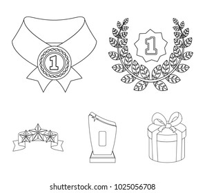 Winner for the first place in the competition, a crystal prize, a ribbon with the stars, a medal on the red ribbon. Awards and trophies set collection icons in outline style vector symbol stock
