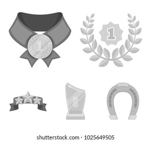 Winner for the first place in the competition, a crystal prize, a ribbon with the stars, a medal on the red ribbon.Awards and trophies set collection icons in monochrome style vector symbol stock