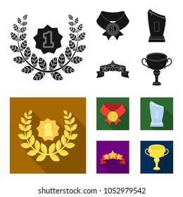 Winner for the first place in the competition, a crystal prize, a ribbon with the stars, a medal on the red ribbon.Awards and trophies set collection icons in black, flat style vector symbol stock