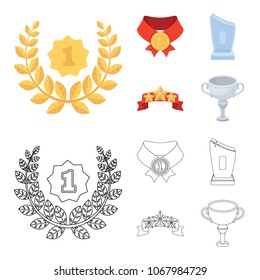 Winner for the first place in the competition, a crystal prize, a ribbon with the stars, a medal on the red ribbon.Awards and trophies set collection icons in cartoon,outline style vector symbol stock