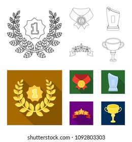 Winner for the first place in the competition, a crystal prize, a ribbon with the stars, a medal on the red ribbon.Awards and trophies set collection icons in outline,flat style vector symbol stock