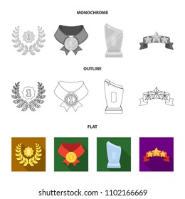 Winner for the first place in the competition, a crystal prize, a ribbon with the stars, a medal on the red ribbon.Awards and trophies set collection icons in flat,outline,monochrome style vector