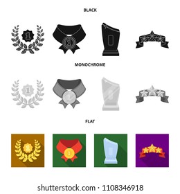 Winner for the first place in the competition, a crystal prize, a ribbon with the stars, a medal on the red ribbon.Awards and trophies set collection icons in black, flat, monochrome style vector
