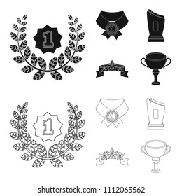Winner for the first place in the competition, a crystal prize, a ribbon with the stars, a medal on the red ribbon.Awards and trophies set collection icons in black,outline style vector symbol stock