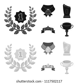 Winner for the first place in the competition, a crystal prize, a ribbon with the stars, a medal on the red ribbon.Awards and trophies set collection icons in black,monochrome style vector symbol