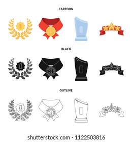 Winner for the first place in the competition, a crystal prize, a ribbon with the stars, a medal on the red ribbon.Awards and trophies set collection icons in cartoon,black,outline style vector symbol