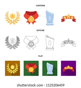 Winner for the first place in the competition, a crystal prize, a ribbon with the stars, a medal on the red ribbon. Awards and trophies set collection icons in cartoon, outline, flat style vector symbol