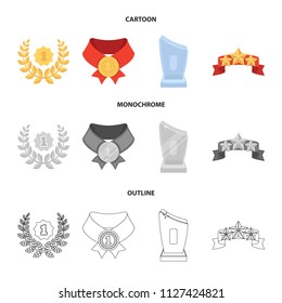 Winner for the first place in the competition, a crystal prize, a ribbon with the stars, a medal on the red ribbon.Awards and trophies set collection icons in cartoon,outline,monochrome style vector