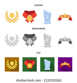 Winner for the first place in the competition, a crystal prize, a ribbon with the stars, a medal on the red ribbon.Awards and trophies set collection icons in cartoon,flat,monochrome style vector