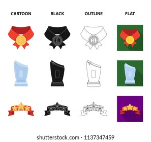 Winner for the first place in the competition, a crystal prize, a ribbon with the stars, a medal on the red ribbon.Awards and trophies set collection icons in cartoon,black,outline,flat style vector