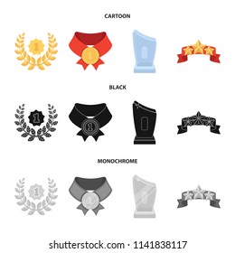 Winner for the first place in the competition, a crystal prize, a ribbon with the stars, a medal on the red ribbon.Awards and trophies set collection icons in cartoon,black,monochrome style vector