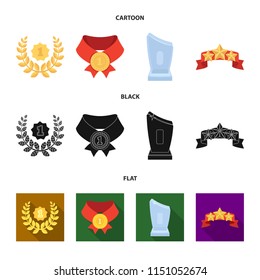 Winner for the first place in the competition, a crystal prize, a ribbon with the stars, a medal on the red ribbon.Awards and trophies set collection icons in cartoon,black,flat style vector symbol