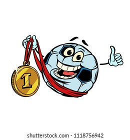Winner first place gold medal. Character soccer ball football. Isolate on white background. Comic cartoon pop art retro illustration vector drawing
