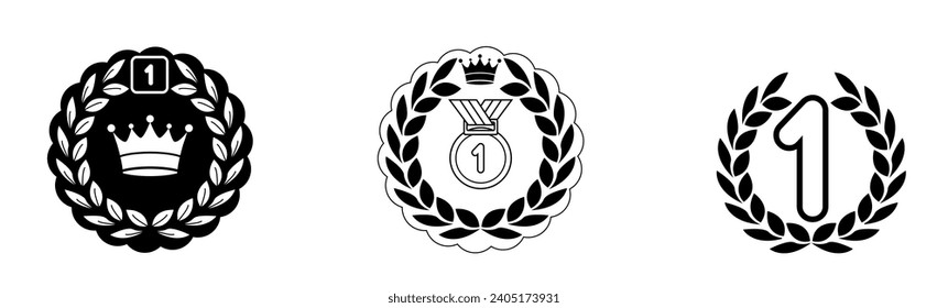 Winner first place laurel wreath and crown. Best ranking vintage black icons collection on white background vector illustration