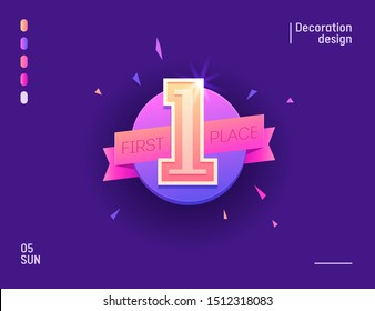 Winner first place vector banner template. Competition, combat, tournament, championship, triumph concept. Reward, victory emblem on blue background. Winner congratulations poster design idea