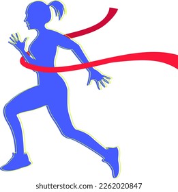 The winner was the first to reach the finish line with a red ribbon. Blue silhouette of a woman running through a red ribbon. 