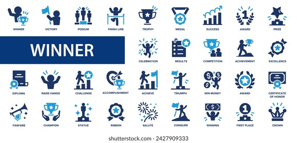 Winner flat icons set. Success, medal, podium, prize, win money, champion, victory icons and more signs. Flat icon collection.