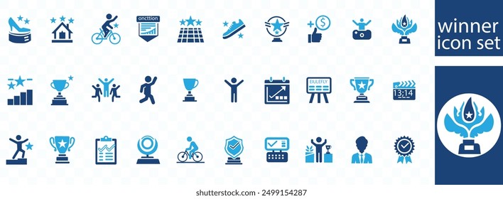 Conjunto de iconos planos ganadores. Éxito, medalla, podio, premio, ganar dinero, campeón, iconos de victoria y más signos. Colección de icono plana 