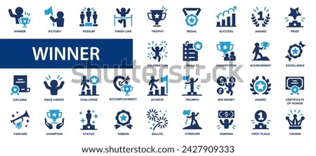 Winner flat icons set. Success, medal, podium, prize, win money, champion, victory icons and more signs. Flat icon collection.