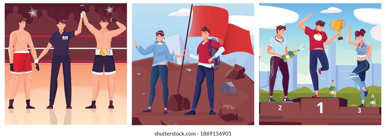 Gewinner-Flachsatz mit quadratischen Kompositionen mit Boxring-Bergspitze und Gewinner-Podium mit Menschen Vektorgrafik