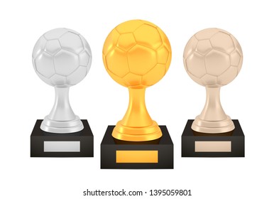 Winner football awards set, gold silver bronze trophy cups on stands with empty plates, three logo icons isolated on white background, photo realistic vector illustration ball with reflection