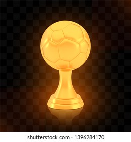 Winner football cup award, golden trophy logo isolated on black transparent background, photo realistic vector illustration ball with reflection