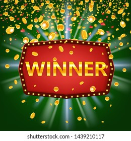 Winner frame label banner template. Win congratulations vintage frame with glowing lamps, golden congratulating framed sign with falling gold coins confetti ribbons. Winners lottery game jackpot prize
