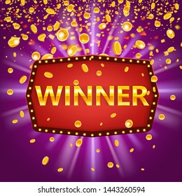 Winner frame label banner template. Win congratulations vintage frame with glowing lamps, golden congratulating framed sign with falling gold coins confetti ribbons. Winners lottery game jackpot prize