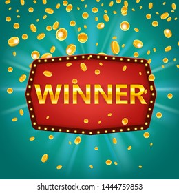 Winner frame label banner template. Win congratulations vintage frame with glowing lamps, golden congratulating framed sign with falling gold coins confetti ribbons. Winners lottery game jackpot prize