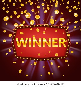 Winner frame label banner template. Win congratulations vintage frame with glowing lamps, golden congratulating framed sign with falling gold coins confetti ribbons. Winners lottery game jackpot prize