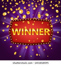 Winner frame label banner template. Win congratulations vintage frame with glowing lamps, golden congratulating framed sign with falling gold coins confetti ribbons. Winners lottery game jackpot prize