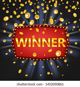 Winner frame label banner template. Win congratulations vintage frame with glowing lamps, golden congratulating framed sign with falling gold coins confetti ribbons. Winners lottery game jackpot prize