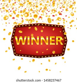 Winner frame label banner template. Win congratulations vintage frame with glowing lamps, golden congratulating framed sign with falling gold coins confetti ribbons. Winners lottery game jackpot prize
