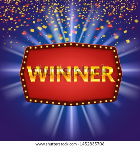 Winner frame label banner template. Win congratulations vintage frame with glowing lamps, golden congratulating framed sign with falling gold confetti ribbons. Winners lottery game jackpot prize poker