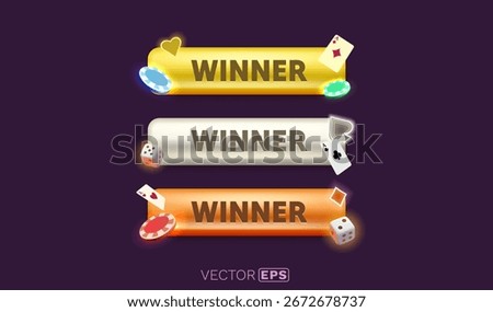 Winner frame label, button color set, night Vegas. Vector illustration