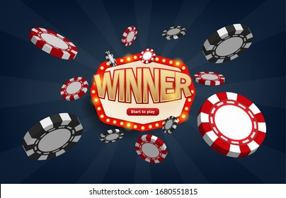 Winner frame label, falling ribbons winner. Congratulations vintage frame, golden congratulating framed sign with gold confetti. Winners lottery game jackpot prize logo vector background illustration