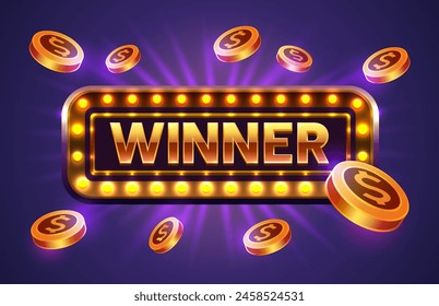 Winner frame label, jackpot winning coins, night Vegas. Vector illustration