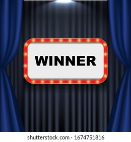 Gewinner-Rahmenmarke. Light Bulb Frame auf blauem Vorhang Hintergrund mit dem Wortlaut Gewinner. Vektorillustration Illustration.