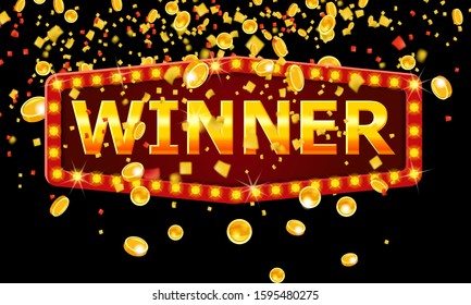 Winner frame label shiny banner with glowing lamps and gold coins confetti ribbons. Lottery poker, cards, roulette game jackpot prize retro vintage. Vector illustration isolated background.