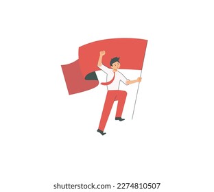 Winner of the game. First place. Main object. Comic bright color vector illustration. Collection of funny cute cartoon photos for kids, design drawing. Flag, cup.