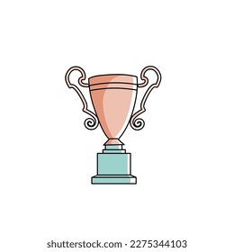 Winner the game. First place. Main object. Comic bright color vector illustration. Collection of funny cute cartoon photos for kids, design drawing. Flag, cup.