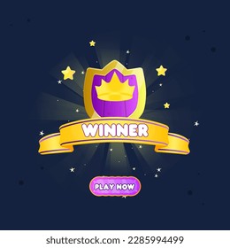 Winner Game UI Badge Pop Up Reward Page Purple Shield With Golden Crown Cute Colorful Vector Design