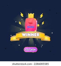 Winner Game UI Badge Pop Up Reward Page Red Book  With Golden Crown Cute Colorful Vector Design