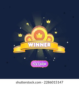 Winner Game UI Badge Pop Up Reward Page Coins And Golden Crowns Cute Colorful Vector Design