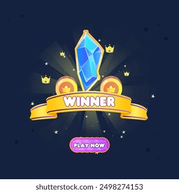 Winner Game UI Badge Pop Up Reward Page Gem Coins And Golden Crowns Cute Colorful Vector Design