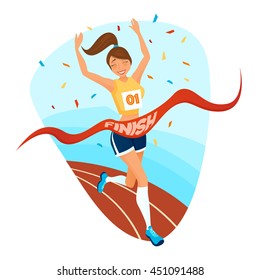 Winner girl design concept with young female athlete in sportswear running on treadmill to finishing tape flat vector illustration