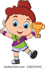 The winner girl is holding the golden trophy with the excited expression of illustration