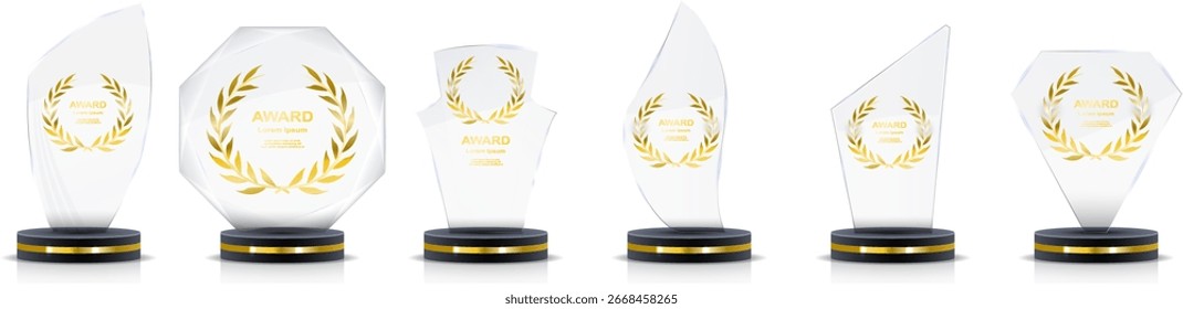 Juego de trofeos de cristal ganador. Colección de premios de cristal transparente para el primer lugar, logros deportivos, reconocimiento empresarial, ceremonias de éxito, eventos y competiciones. Diseño de Vector aislado en backg