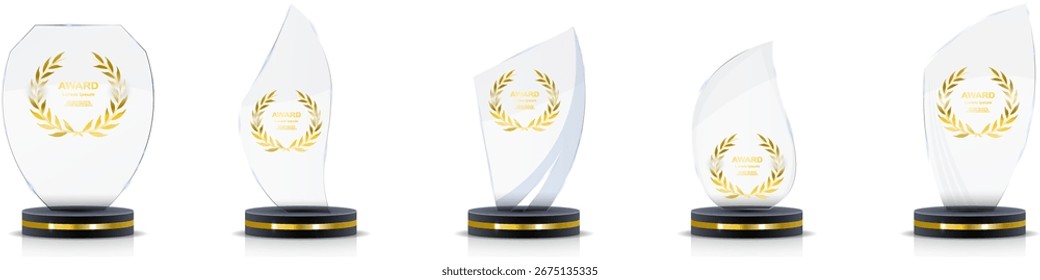 Juego de trofeos de cristal ganador. Colección de premios de cristal transparente para el primer lugar, logros deportivos, reconocimiento empresarial, ceremonias de éxito, eventos y competiciones. Diseño de Vector aislado en backg